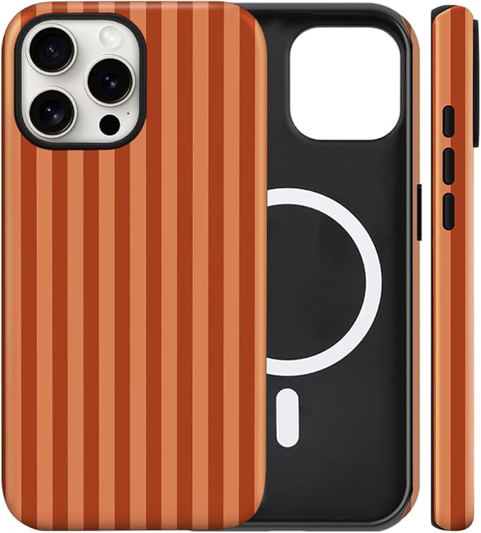 Magnetic for iPhone 16 Pro Case Cute Stripes Phone Case, Shockproof Slim TPU and Hard PC Protective Phone Cover Compatible with MagSafe Designed for Women Girls, Deep Brown