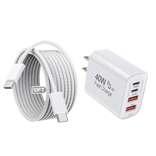 10Foot USB C-C Woven Fast Charging Cable,Apple 40W 4 Port USB C Wall Charger Block with 10FT Type C Charging Cable Cord PD&AC 40W Adapter for iPhone 17Air/17 Pro/16/16e/16 Pro Max/15/iPad Pro/Air/Mini