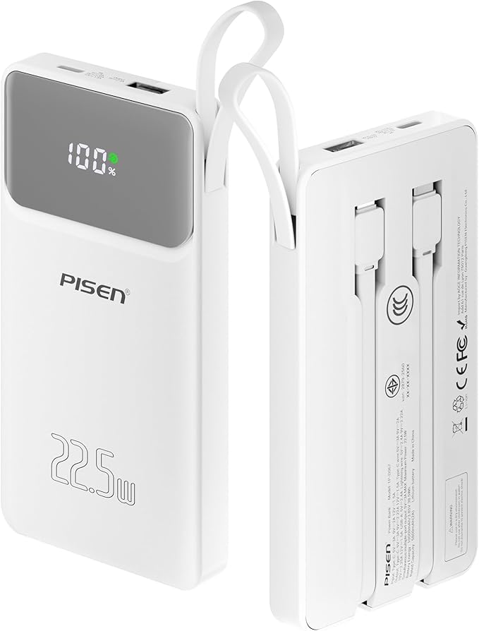PISEN 3C Certified Power Bank - 10000mAh 22.5W CCC Power Bank with Built in Cable, Travel Battery Pack Portable 3C Charger with LED Display, Portable Charger with Built in Cable for iPhone, Samsung