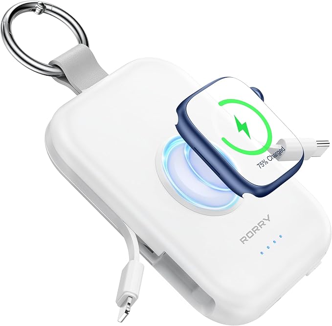 RORRY Portable Charger, 5000mAh Portable Charger Power Bank with Built-in Cables, Travel Keychain Battery Pack for Apple Watch Ultra/11/10/9/8/7/6/SE, iPhone Air/17/16/15/14/13/12, White