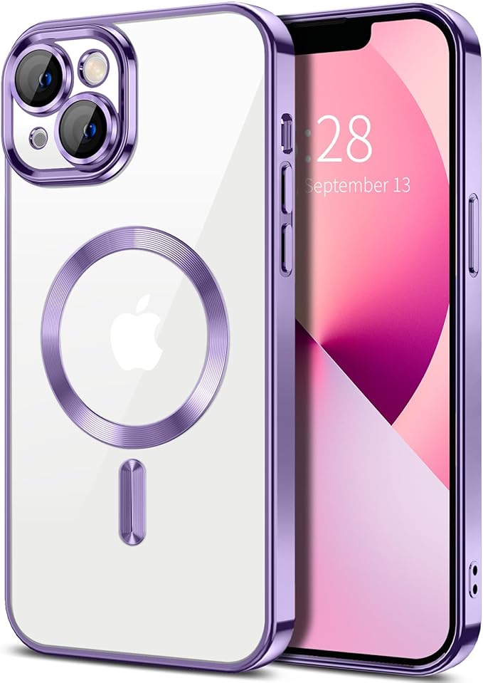 Hython Magnetic Clear for iPhone 13 Case with Camera Lens Protector [Compatible with MagSafe] Luxury Plating Edge Slim Soft TPU Cover Protective Phone Case for iPhone 13 6.1", Light Purple