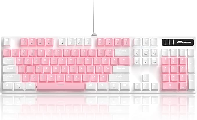 MageGee Mechanical Gaming Keyboard, New Upgraded Blue Switch 104 Keys White Backlit Keyboards, USB Wired Mechanical Computer Keyboard for Laptop, Desktop, PC Gamers(White & Pink)
