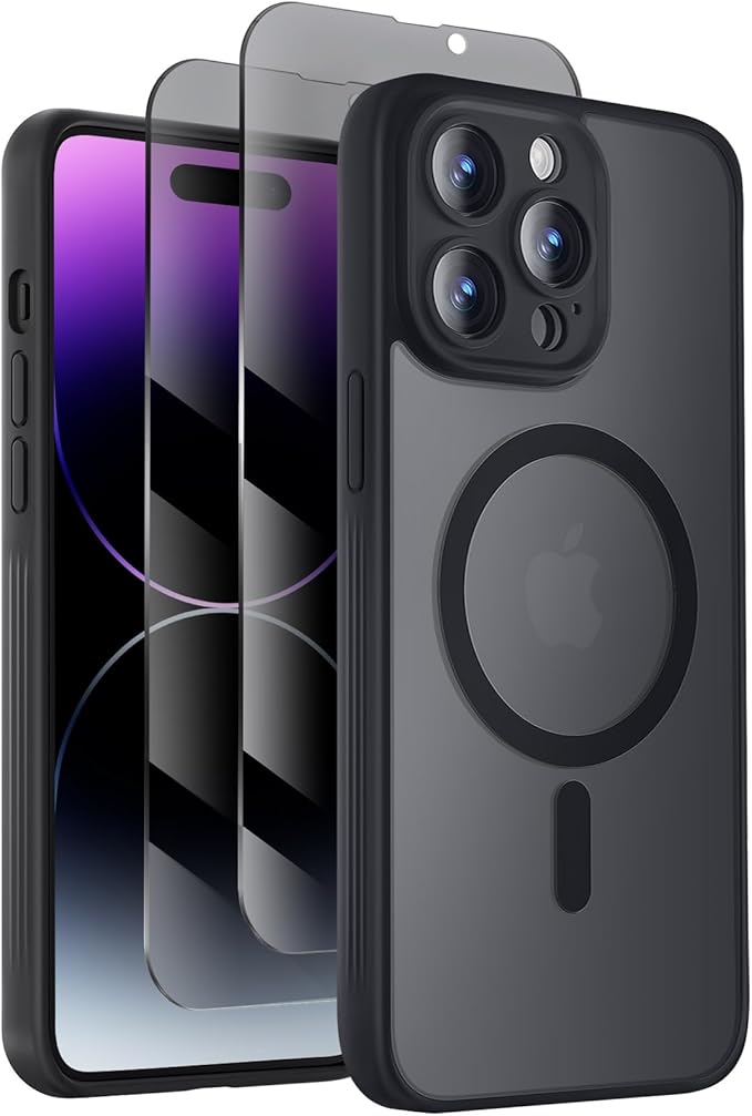 Symcele Designed for iPhone 14 Pro Max Case, Compatible with MagSafe, with Privacy Screen Protectors X2, [Camera Protection] [15FT Military Drop Protection] Shockproof Phone Case, 6.7", Black