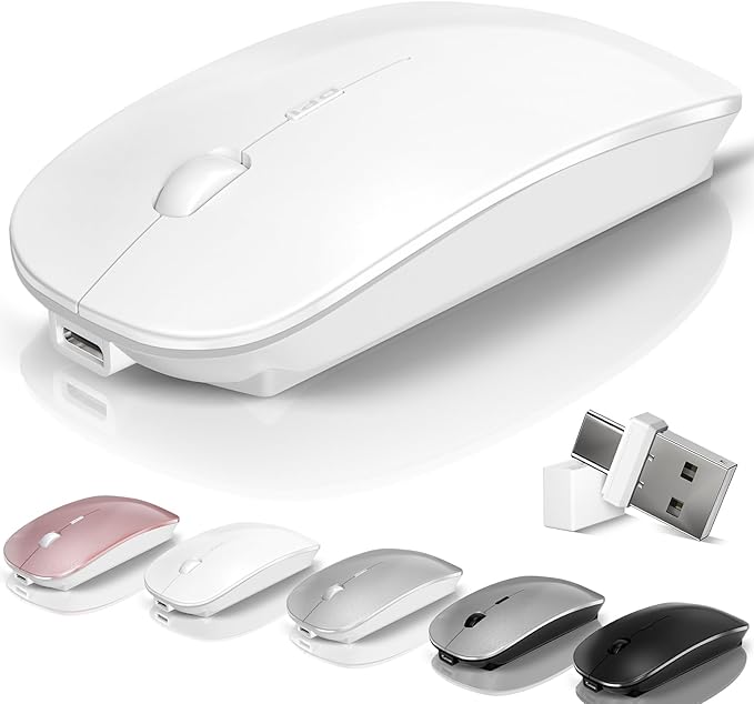 Kovess Wireless Bluetooth Mouse for Mac Air MacBook Pro Laptop PC Pad Optical Rechargeable Silent Mouse with Jiggler Mode Dual Mode Switch Bluetooth 5.2/3.0 and 2.4G USB-A & USB-C Receiver White