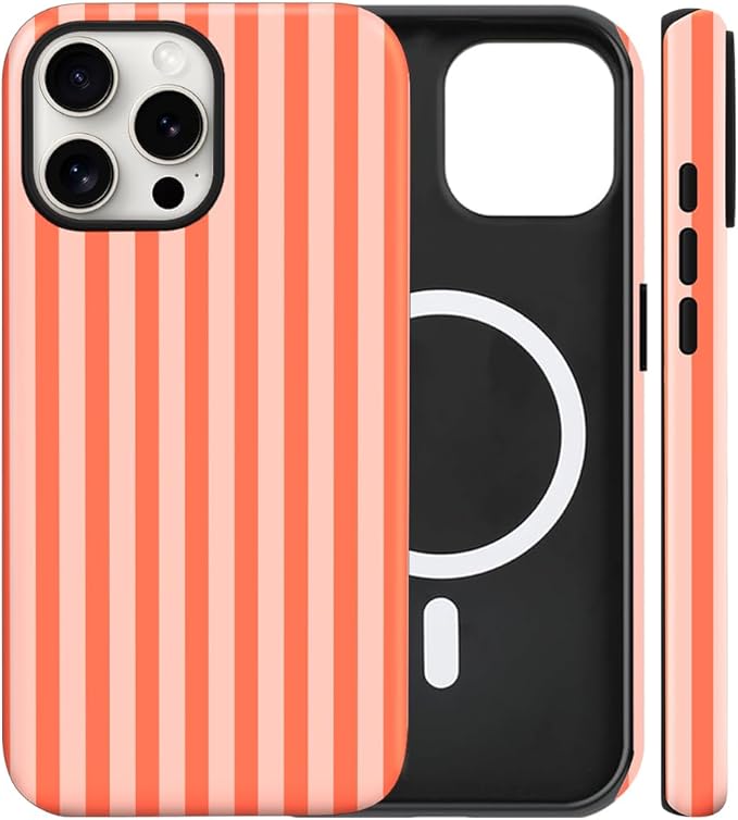 Magnetic for iPhone 15 Pro Case Cute Stripes Phone Case, Shockproof Slim TPU and Hard PC Protective Phone Cover Compatible with MagSafe Designed for Women Girls, Deep Orange