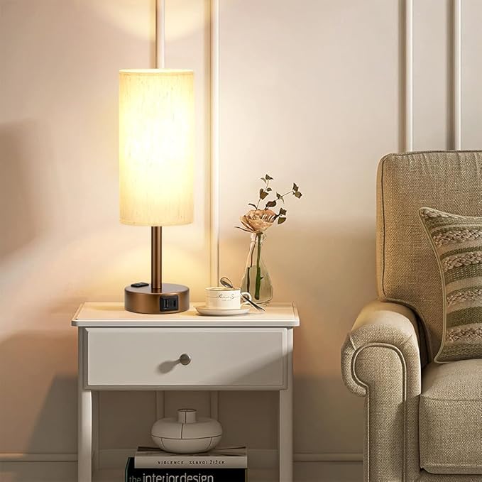 Fenmzee Brown Bedside Table Lamp for Bedroom - 3 Way Dimmable Touch Lamp USB C Charging Ports and AC Outlet, Small Lamp Round Flaxen Cream Fabric Shade for Living Room, Desk, LED Bulb Included