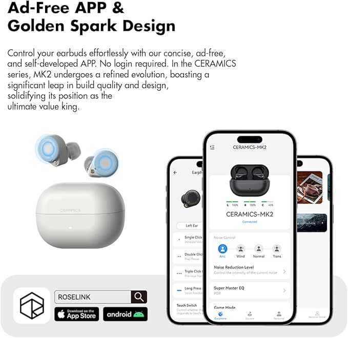 CERAMICS MK2 True Wireless Earbuds, 40dB Active Noise Cancelling Earphones, Bluetooth 6.0, Hi-Res LDAC, IPX4 Sweat Resistant, 45H Playtime, HD Mics, Game Mode, Dual Connectivity (Oyster White)