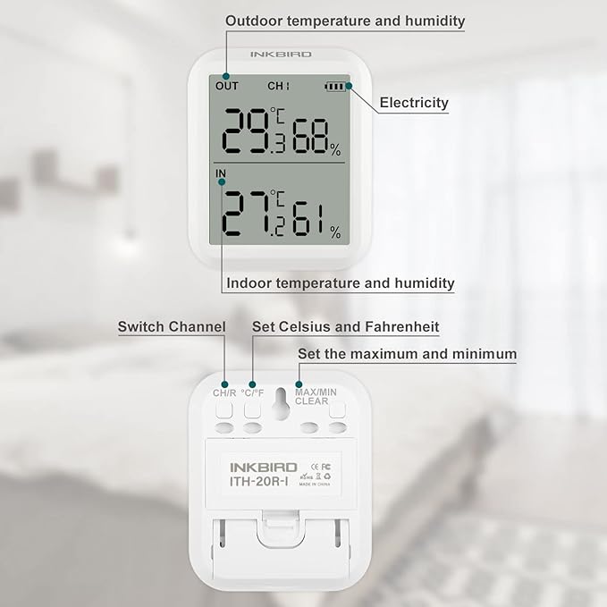Inkbird ITH-20R Digital Hygrometer Indoor Outdoor Thermometer Wireless Room Thermometer with Sensor Waterproof Accurate Temperature Display for House Room Kitchen Courtyard Brewhouse Public Places