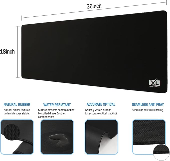 XL Mouse Pad 2XL Huge Extra Large Gaming Mousepad for Full Desk - Super Thick Nonslip Rubber Base and Waterproof Desktop Keyboard Extended Mouse Mat (Black, 2XL (36''x18''))