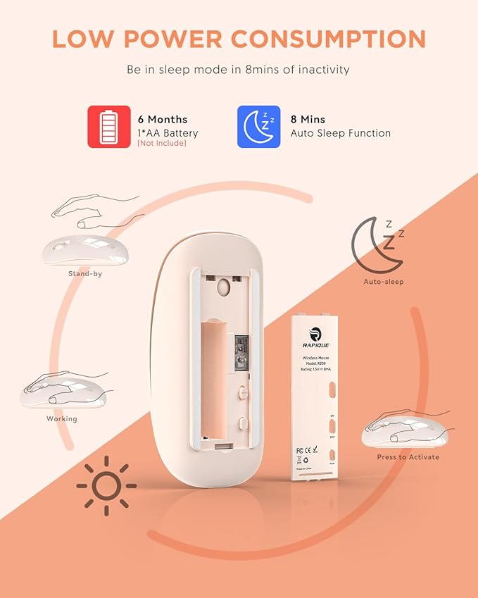 RAPIQUE Bluetooth Wireless Mouse - (BT5.1+USB) Slim Dual Mode Computer Mice with Quiet Click, Low Power, and 1600 DPI, Portable Cordless Mouse for MacBook, Laptop, iPad Pro/Air, Tablet (Pink)