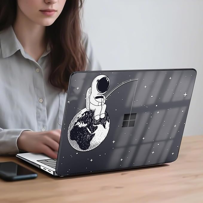 Slim Protective Case for 13 inch Microsoft Surface Laptop 2025 Copilot+PC Model 2095, Lightweight Anti-Scratch Printed Pattern Crystal Black Plastic Hard Shell Case Cover, Astronaut Earth