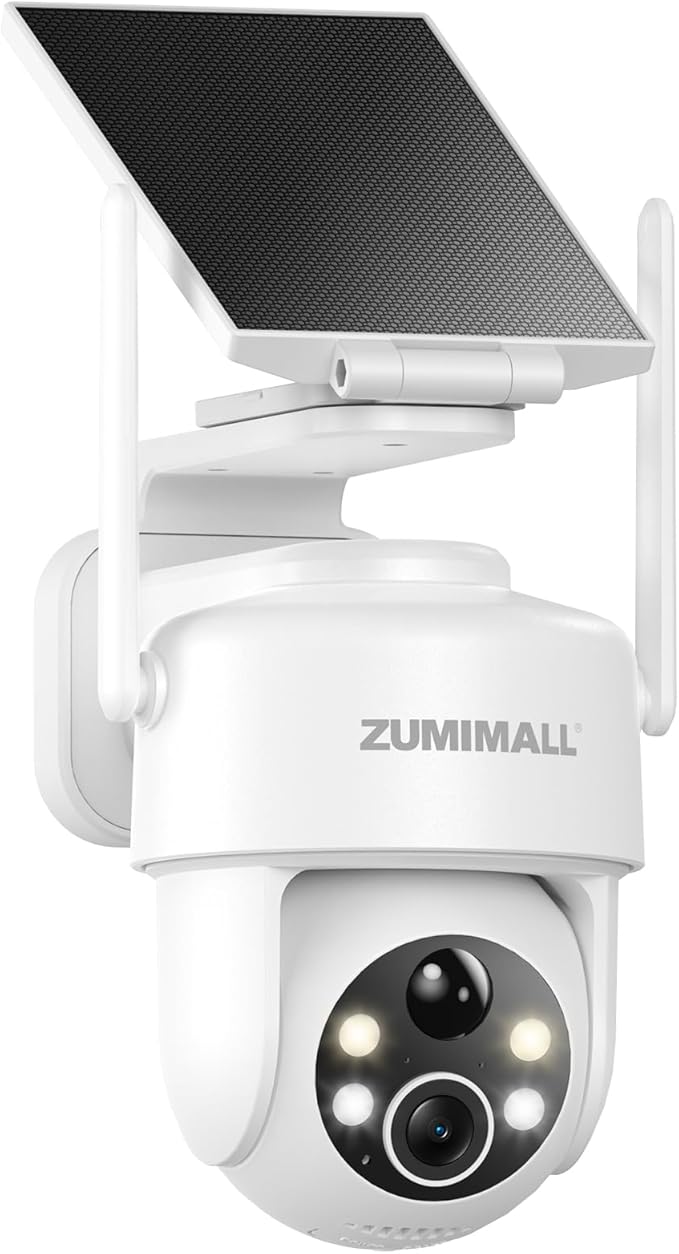 ZUMIMALL 2K Solar Security Cameras Wireless Outdoor, 360° PTZ Camera for Home Security with Color Night Vision, Flexible Mount, PIR Motion, 2-Way Talk, Free Cloud Storage, Compatible with Cloudedge