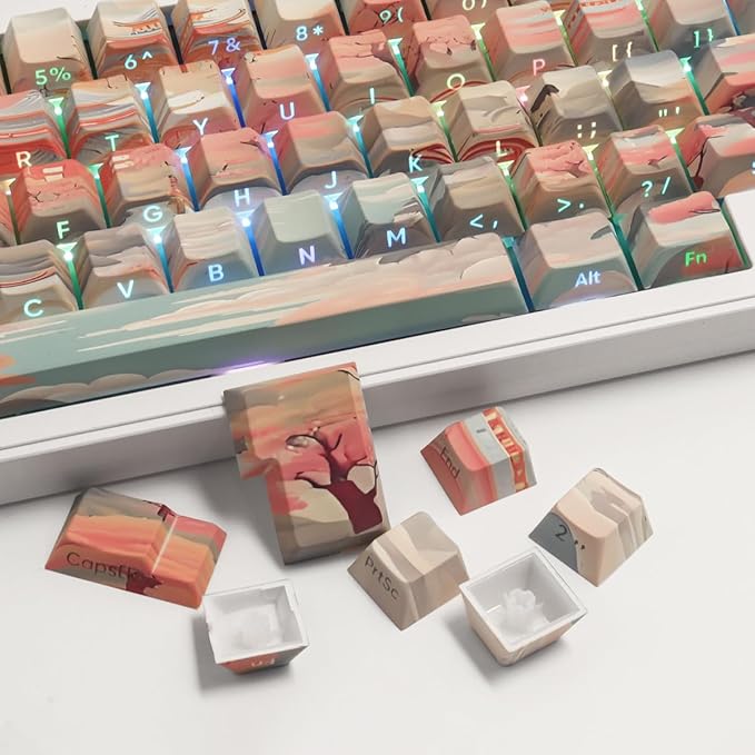 Tsungup Custom Keycaps 60 75 Percent,Pastel Side Print 135 Keys PBT Cherry Profile Shine Through Keycap Set, Dye-sub Key Caps Keyboard Keycaps for Mechanical Keyboards