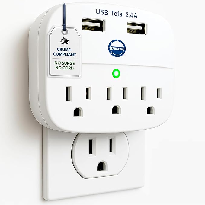 Cruise Approved Power Strip - Non Surge Protector for Cruise Ship with 2 USB Outlets - Cruise Ship Essentials 2026 for Carnival, Princess, Norwegian, Holland America, MSC & Major Cruise Lines (White)