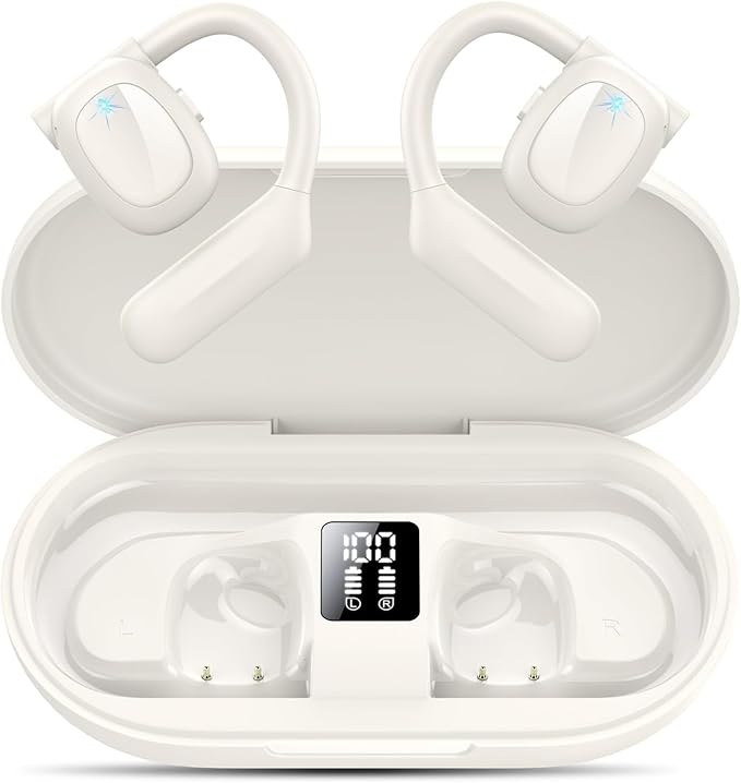 Open Ear Bluetooth 5.3 Headphones, Wireless Earbuds Sport Over Earphones Built-in Mic with Earhooks 75H Playtime Ear Buds LED Display Charging Case, IPX5 Waterproof for Running Fitness,Pearl White
