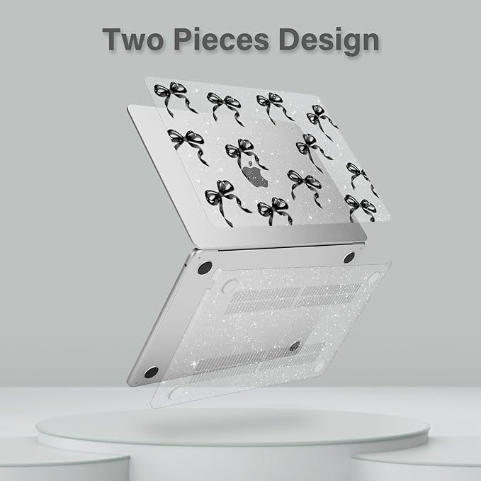 MOSISO Compatible with MacBook Air 13 inch Case M5 2026 M4 2025 M3 M2 2024-2022 A3449 A3240 A3113 A2681, 3 in 1 Kit Ribbons Bows Sparkly Plastic Hard Shell Case for MacBook Air 13.6 inch Case, Black