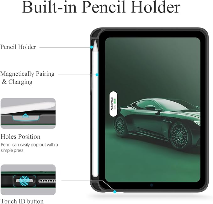 auaua Case for iPad mini 7 (A17 Pro), iPad mini 7th/6th Generation (2024/2021 8.3-inch), with Front Pocket Pencil Holder, Typing Angle Muti-Stand Magnetic Closure Auto Sleep/Wake (Green)