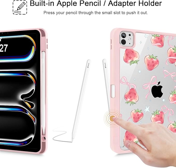May Chen for iPad Pro 13 Inch Case M5 2025 / M4 2024, Built Pencil Holder & Clear Transparent Print Back Shell Slim Stand Shockproof Tablet Cover, Auto Wake/Sleep, Bow Strawberry