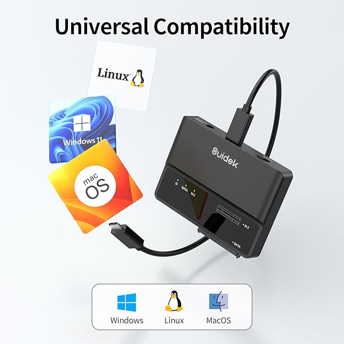 SUIDEK NVMe SSD Enclosure, 10Gbps USB to M.2 and SATA Adapter Tool Free PCIe NVMe External Hard Drive Reader Compatible with M.2(M Key&M+B Key) Any Sizes and 2.5"/3.5" SATA SSD/HDD