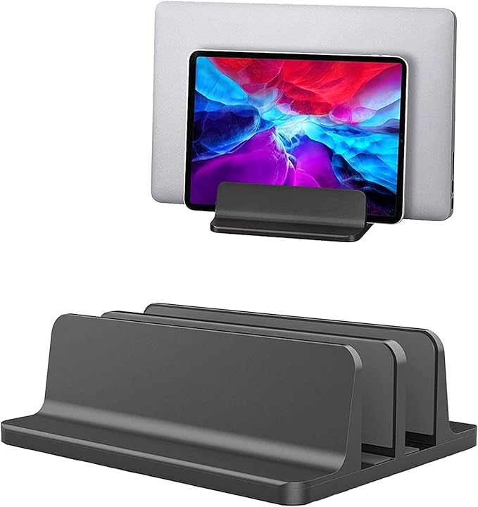 Double Slot Vertical Laptop Tablet Stand Mount Space -Saving Storage for MacBook Laptop Chromebook Tablet,Smartphone (Black)