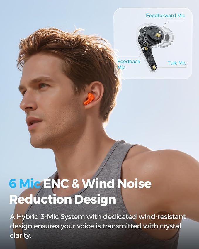 SoundPEATS C30 Hybrid ANC Earbuds, LDAC Hi-Res Audio, 52H Playtime, 52dB Adaptive Noise Cancelling Wireless Earbuds, 6-Mic Clear Call, 12mm Driver, Bluetooth 6.0, Multi-Point, IP54 - Orange