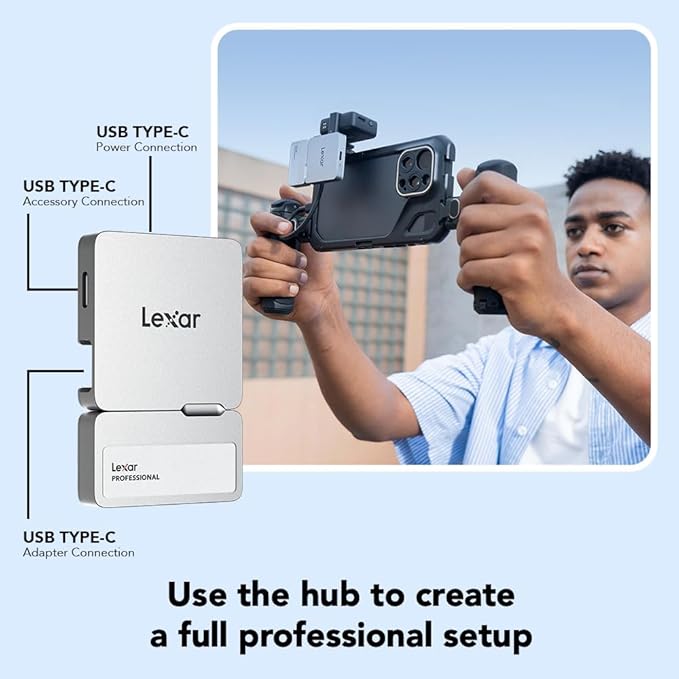 Lexar 2TB Professional Go Portable SSD w/Hub, Supports Apple 4K 60fps ProRes, Up to 1050MB/s, USB 3.2, Rugged, IP65, Ultracompact, Compatible w/iPhone 15/16 (Not 17), External SSD (LSL400S002T-RNSNU)