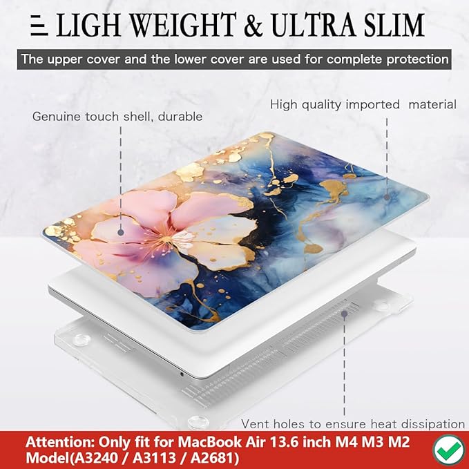 CISSOOK Compatible with MacBook Air 13.6 inch Case M2 M3 M4 M5 Release 2026 2025 2024 2023 2022, Hard Shell Case Keyboard Cover for MacBook Air 13 inch A3449 A3240 A3113 A2681, Marble Flower