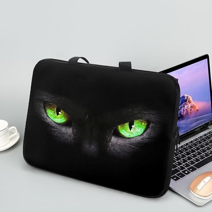 10 Inch Laptop Sleeve, Black Cat Green Eyes Laptop Cover Computer Bag Tablet Carrying Case with Handle, Funny Printed Notebook Case Handbag Briefcase Shoulder Bag for Office/School