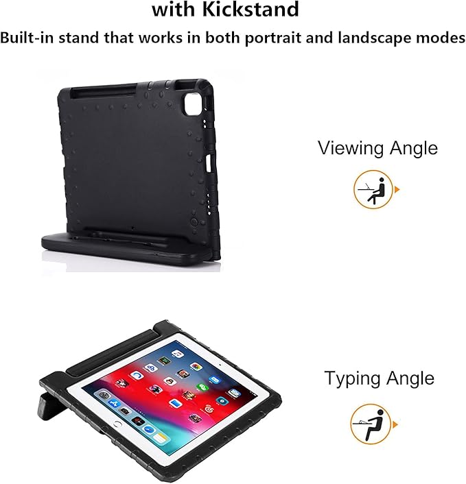 Kids Case for iPad Pro 12.9 inch 6th/5th/4th/3rd Generation 2022/2021/2020/2018 with Pencil Holder,Anti-Slip Handle Stand Lightweight Child Proof EVA Shockproof Rugged Kickstand Cover, Black