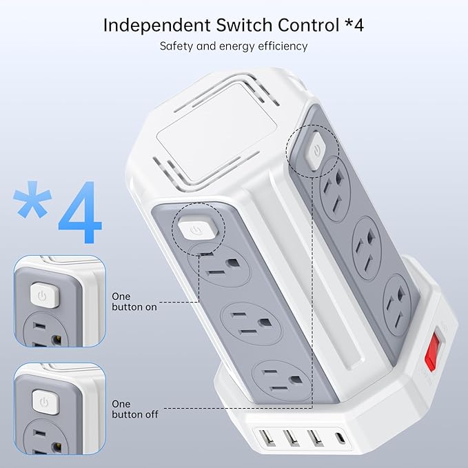 Power Strip Surge Protector, 10 Ft Extension Cord with 12 AC Multiple Outlets 4 USB (1 USB C), SMALLRT Power Tower Desktop Charging Station