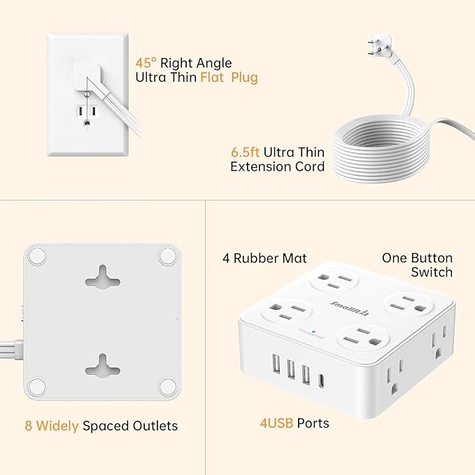 6.5Ft Power Strip with Surge Protector, 8 Outlets 4 USB Ports Extension Cord, Flat Plug Charging Station for Home Office Desk & College Dorm Essentials, White