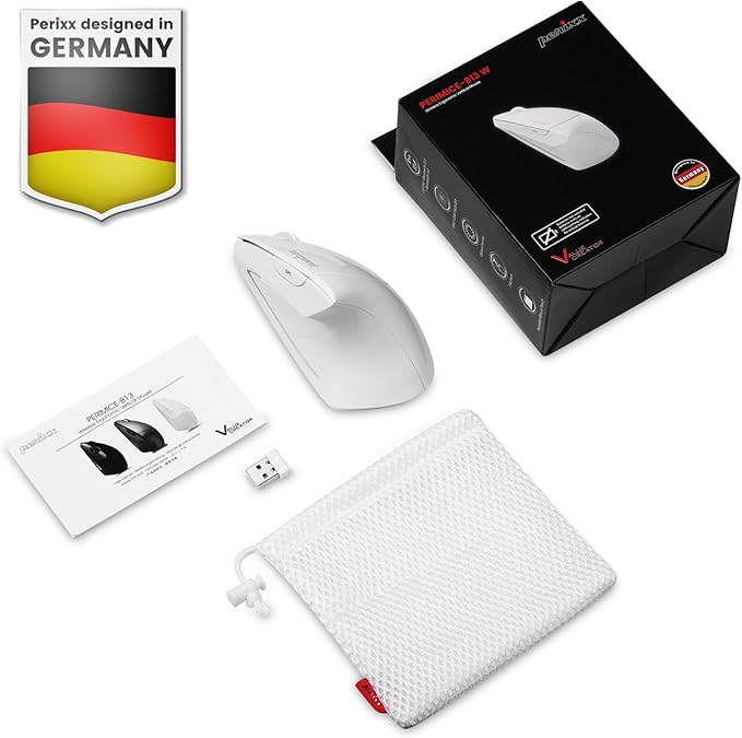 Perixx PERIMICE-813W Bluetooth Vertical Mouse - Wireless 3-in-1 Multi-Device Spec - Travelling Carry Bag - Ergonomic Right-Handed Design - White