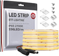 BTF-LIGHTING FCOB COB LED Strip IP65 Flexible High Density Uniform Light 8W/m 16.4FT DC24V Warm White 2700K 336LED/m CRI 90+ 8mm Width Dimmable LED Ribbon for Decor(No Adapter or Controller)
