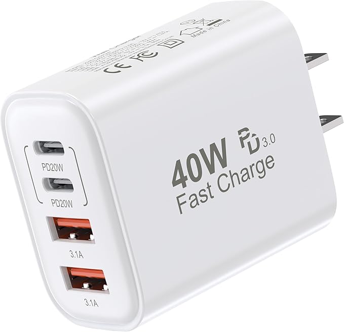 USB C Charger Block, 40W 4 Ports USB-C Wall Charger Plug Fast Charging, QC Multiport Adapter, USB A Type C Box Brick Cube Compatible with iPhone 17 16 15 14 13 12 Pro Max, & for Samsung Galaxy