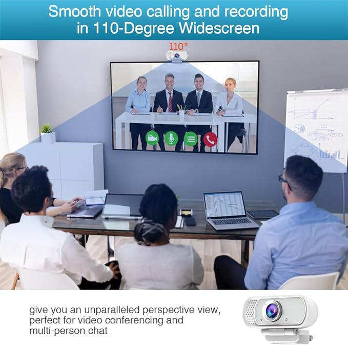 Webcam for PC, HD 1080P Webcam with Microphone, 110° Wide Angle USB Plug & Play - Noise Canceling for Video Calls, Streaming, Gaming - Built-in Privacy Shutter & Tripod