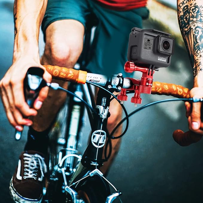 HSU 0.6-1.3inch All-Aluminum Bike/Motorcycle Handlebars, 360° Rotation Seat Post, Ski Pole Mount Compatible with Go Pro Hero 13/12/11/10/9/8/7/6/5, DJI Osmo Action AKASO and Other Action Cameras (Red)
