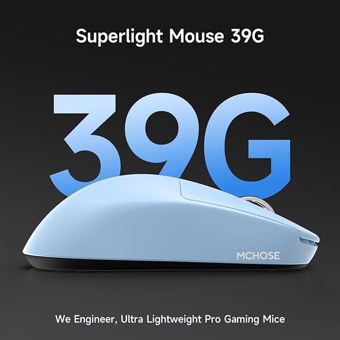 MCHOSE L7 Pro Wireless Gaming Mouse Super Light 39g, Gaming Mouse Esport with 26K DPI, Optical Switch, Programmable Buttons, Dual 8K Polling and PAW3395 Sensor, Tri-Mode Connection, PC/Mac - Blue