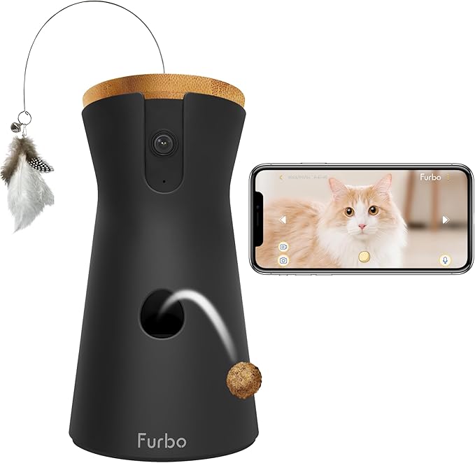 Furbo 360° Cat Camera: Pet Security Cam w/Meowing Alerts, Rotating View, Treat Toss w/Phone App, Smart Home Kitty Monitoring, 2-Way Speaker, No Subscription Needed. Standard See, Talk, & Toss Features