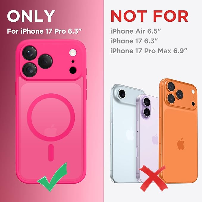 CAPRARO Magnetic for iPhone 17 Pro Case, Upgraded [Full Camera Protection] [Compatible with MagSafe] Protective Translucent Matte Women Girl Phone Case Cover, Hot Pink