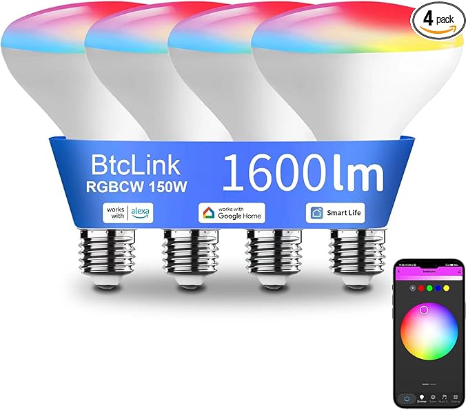 Smart Light Bulbs, 16W 150W Equivalent 1600 Lumens 2700K-6500K Tunable BR30 WiFi Color Changing Light Bulb Works with Alexa Google,Recessed Alexa Light Bulb,Dimmable Flood Smart Bulb,4 Pack