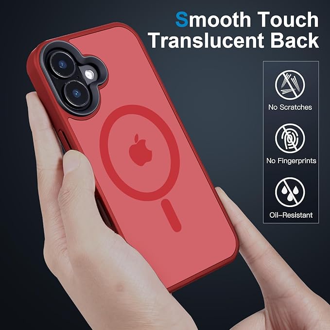 Powerful Magnetic Case for iPhone 16 Case [10FT-Grade Drop Tested & Compatible with MagSafe] Translucent Anti-Fingerprint Shockproof Protective Cover 6.1 Inch, Red