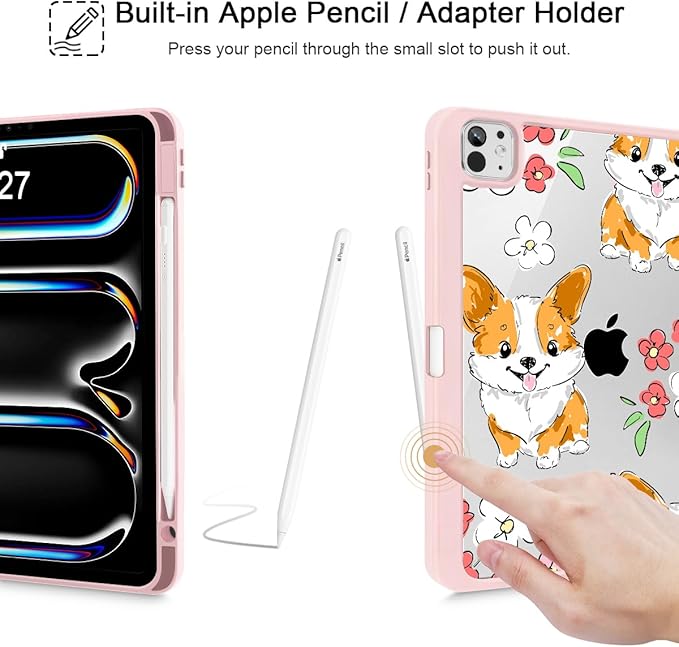May Chen for iPad Pro 13 Inch Case M5 2025 / M4 2024, Built Pencil Holder & Clear Transparent Print Back Shell Slim Stand Shockproof Tablet Cover, Auto Wake/Sleep, Corgi Dog Stripes