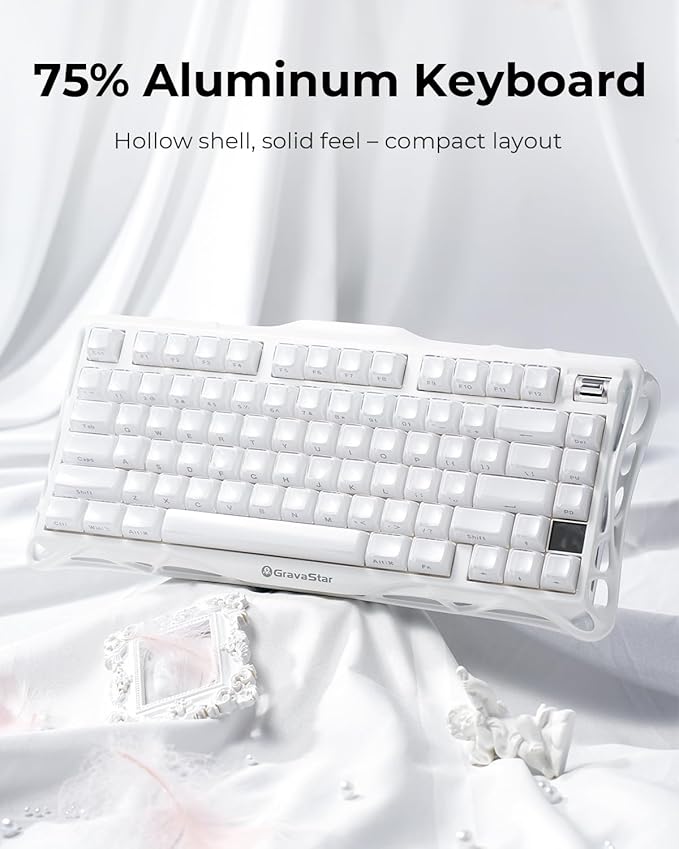 GravaStar Mercury K1 75% White Wireless Keyboard, Aluminum Alloy Exoskeleton Design Mechanical Gaming Keyboard, Gasket Hot-Swap Socket, Linear Switches, RGB Backlit