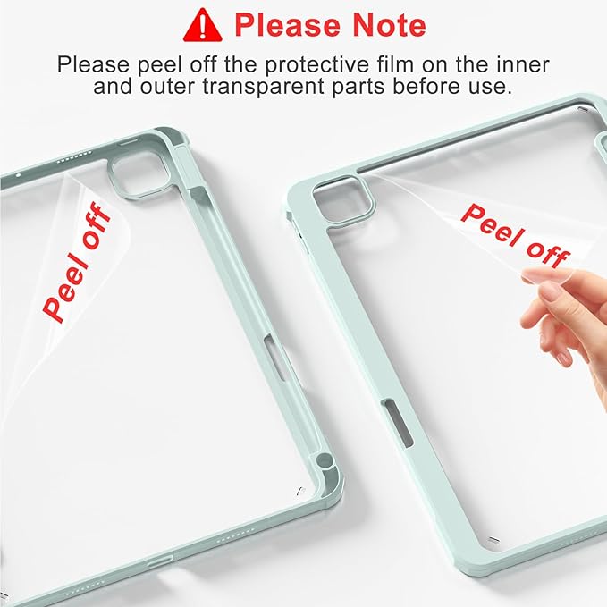 Case for iPad Pro 12.9 Inch (6th/5th/4th/3rd Generation 2022/2021/2020/2018) with Pencil Holder, Clear Transparent Back Shell Slim Stand Shockproof Tablet Cover, Auto Wake/Sleep, Light Green