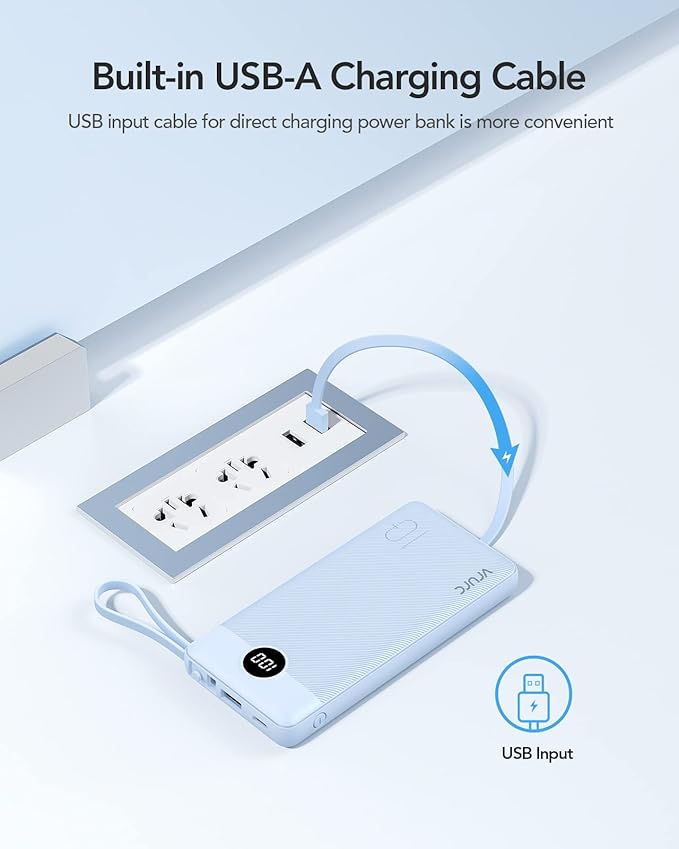 VRURC Portable Charger for iPhone, Built in Cables & Lanyard Power Bank 10000mAh, Compact USB C Charging Bank 5 Outputs for Multi Devices,Travel Essential for Hiking Camping Business Cruise Ship-Blue