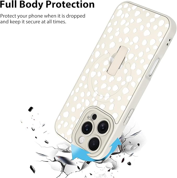 KANGHAR Compatible with iPhone 16 Pro Case, Support for MagSafe, Silicone Speck Leopard Cute Pattern, Wristband Kickstand Camera Protection Soft Slim Cover for Girls Women -White