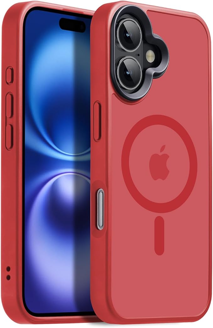 Powerful Magnetic Case for iPhone 16 Case [10FT-Grade Drop Tested & Compatible with MagSafe] Translucent Anti-Fingerprint Shockproof Protective Cover 6.1 Inch, Red