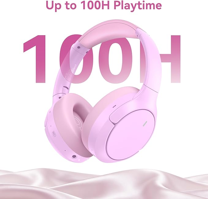 Hybrid ANC Wireless Over-Ear Headphones, 100H Playtime, Hi-Res Audio, Bluetooth 6.0, Multi-Mode Noise Cancellation, Comfort Fit, iOS & Android Compatible, Foldable Design, Travel-Friendly (Pink)