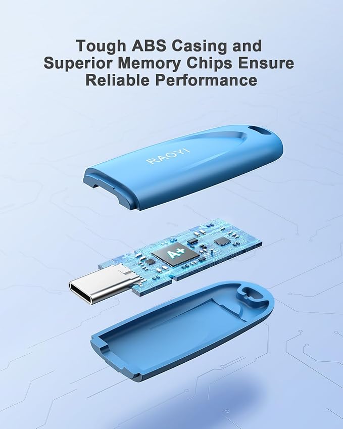 RAOYI 128GB Type-C Flash Drive USB 3.0 USB C Flash Drive Type C Thumb Drive Portable Memory Stick with Keyring Hole High-Speed Pen Drive for Laptop Smartphone Tablet Mac USB-C Devices, Blue
