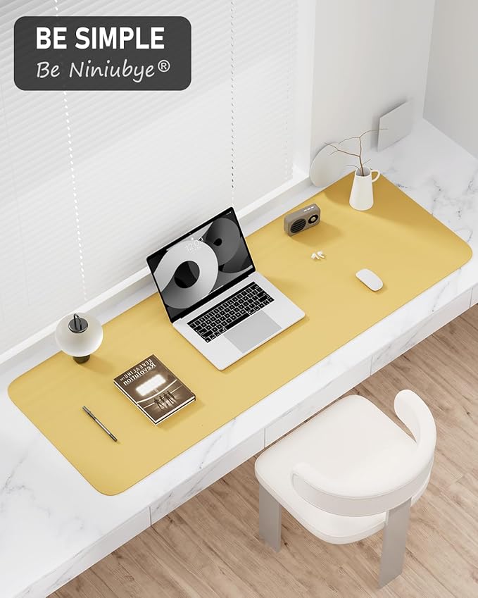 Desk Pad, 48" x 17" PU Leather Non-Slip Desk Mat Large Mouse Pad for Desktop, Waterproof Laptop Computer Writing Mat for Office, Home, Work, Gaming, Pale Yellow
